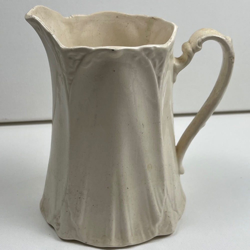 Antique Ironstone Pitcher Creamer White Embossed Floral Pansy B 82 Scalloped Rim